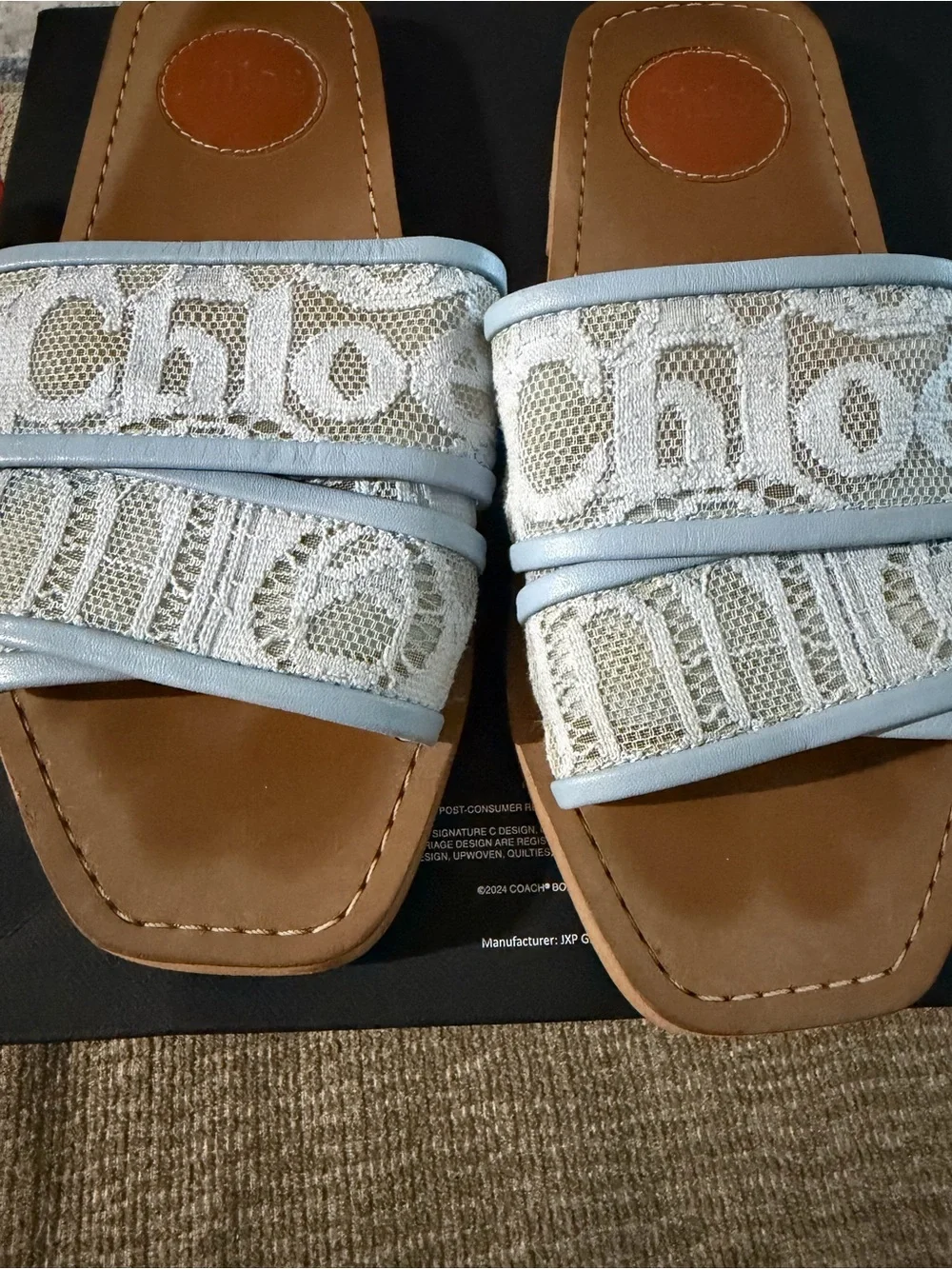 Chloe Light Blue Lace Logo Slide Sandals